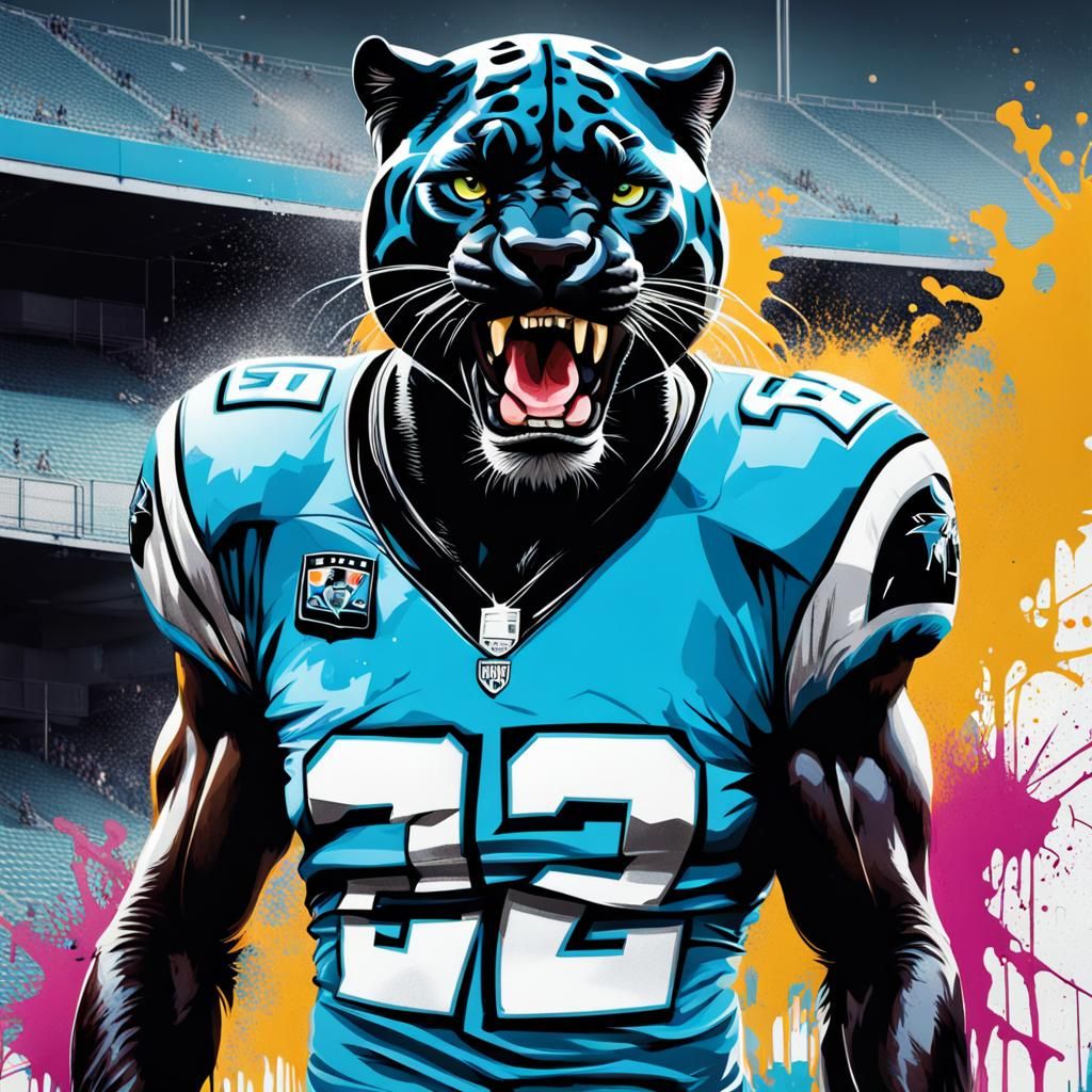 Panther Mascot in Carolina Panthers Uniform as Graffiti Art