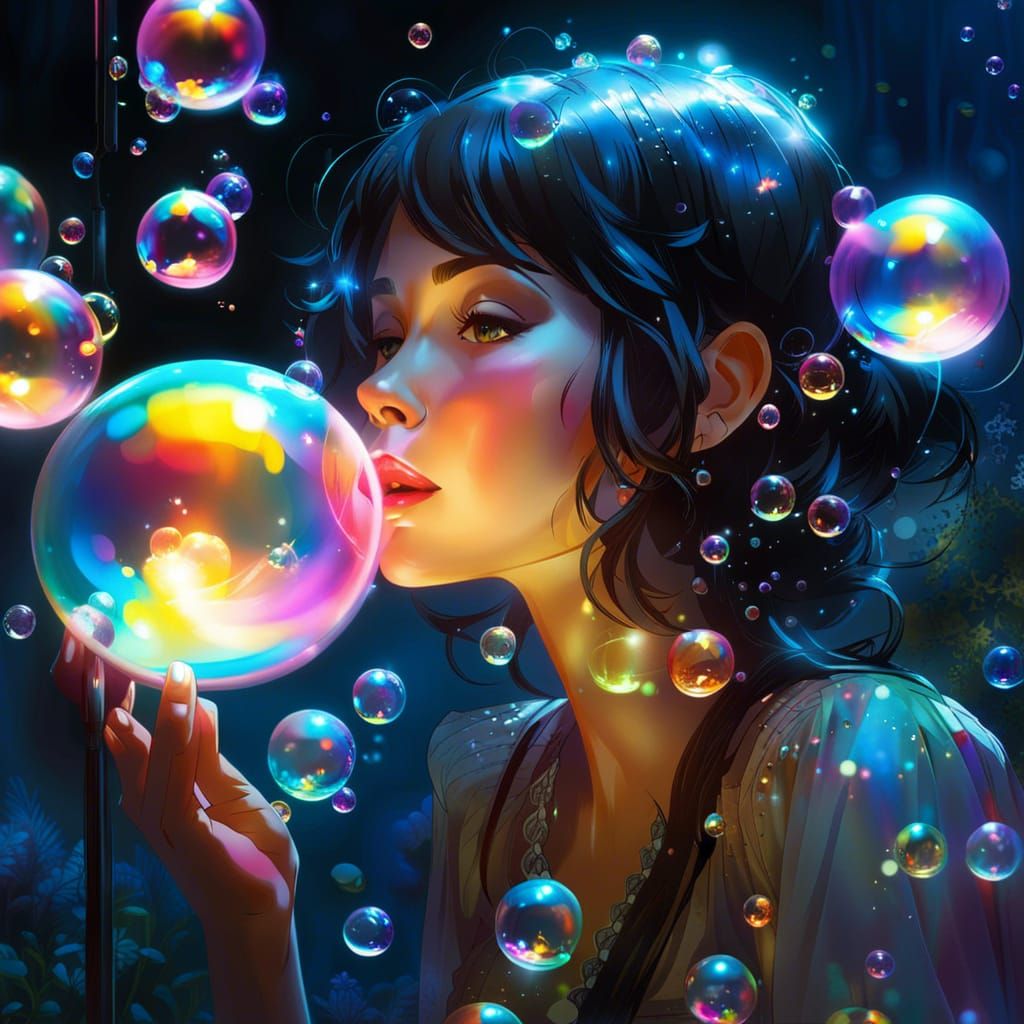 Woman Blowing Bubbles in Bioluminescent Fairy House