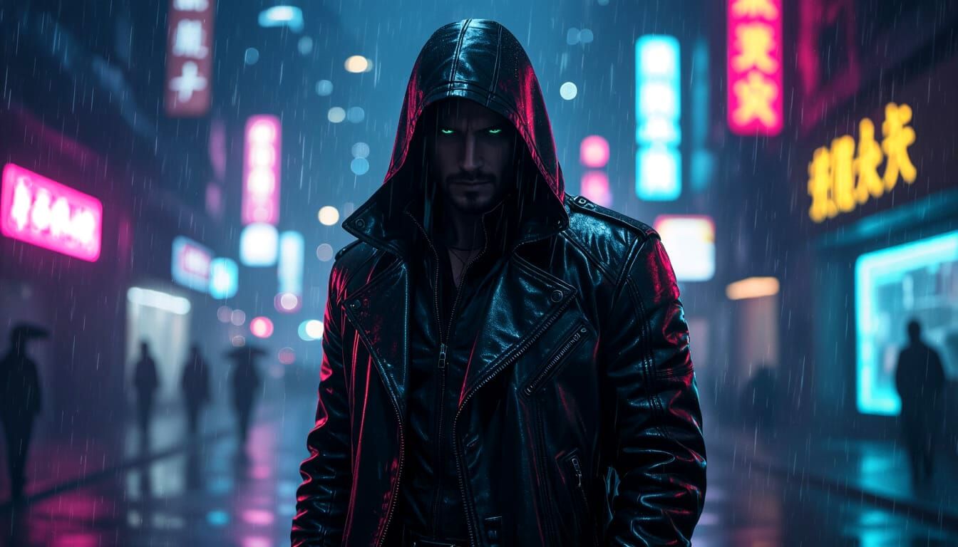 Cyberpunk Figure in Neon-Lit Futuristic City