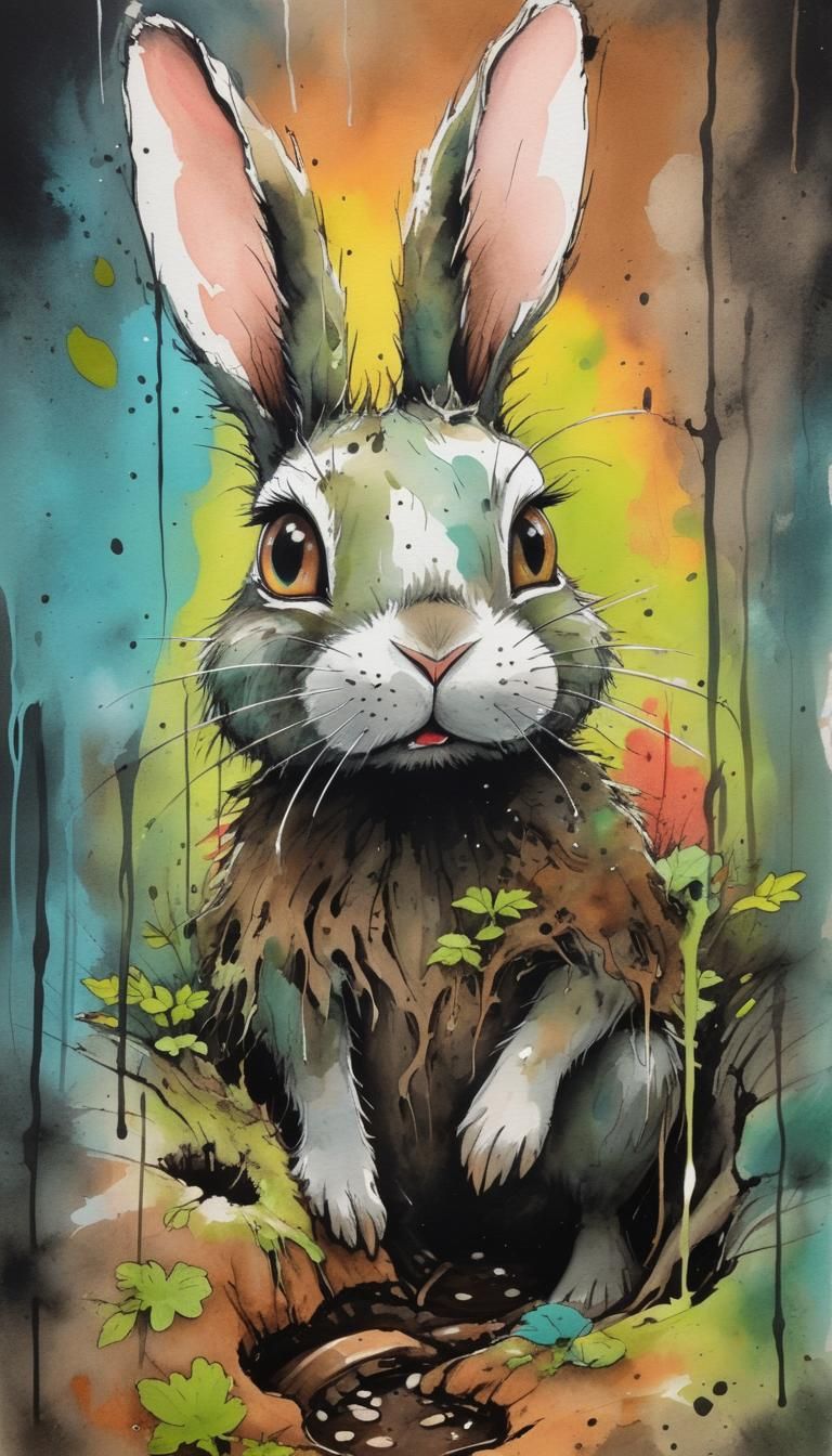 Modern European ink painting. Medium shot. Bunny sitting in an earth hole with roots around. Whimsical, expressive brush...
