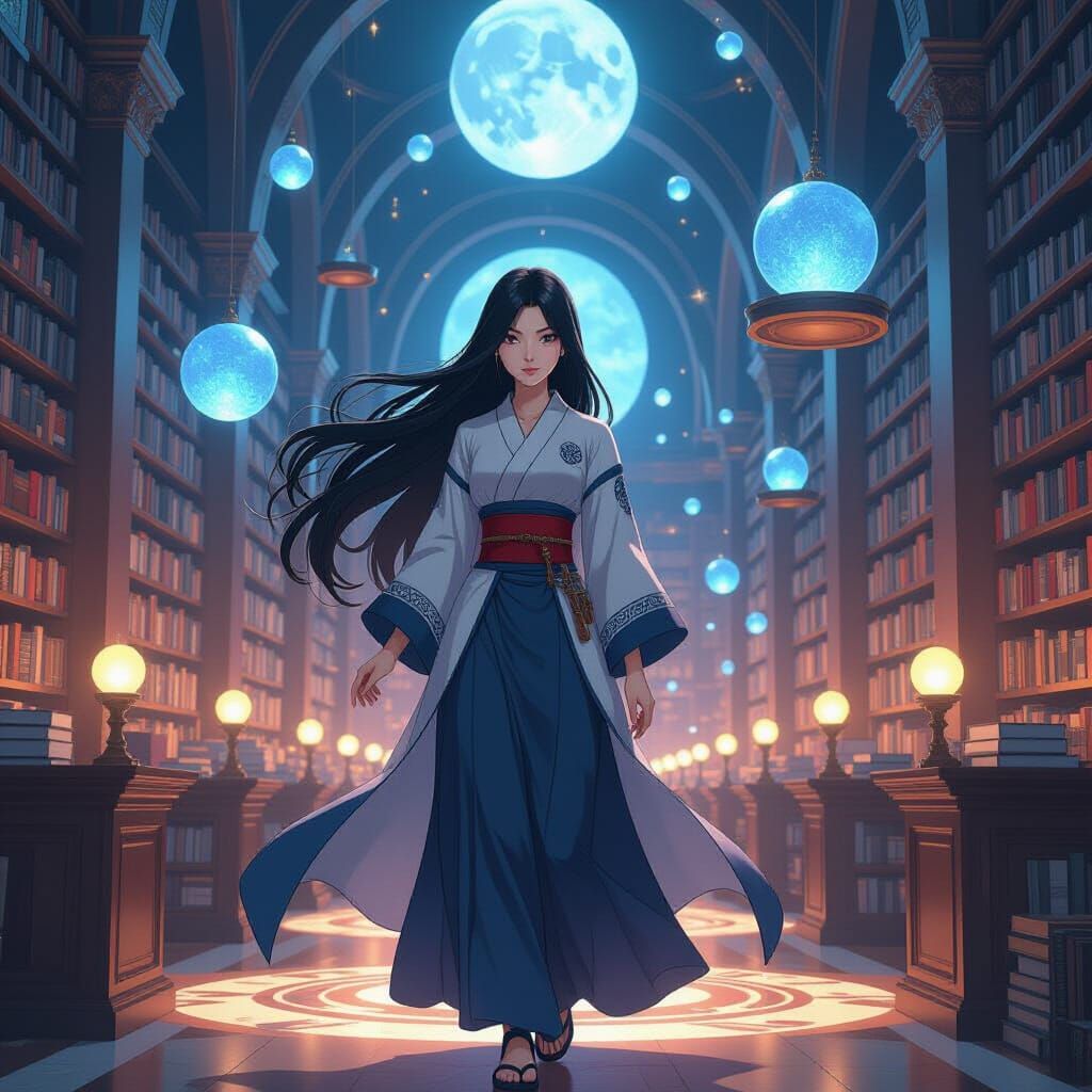 Heterochromatic Woman in Anime-Style Fantasy Library