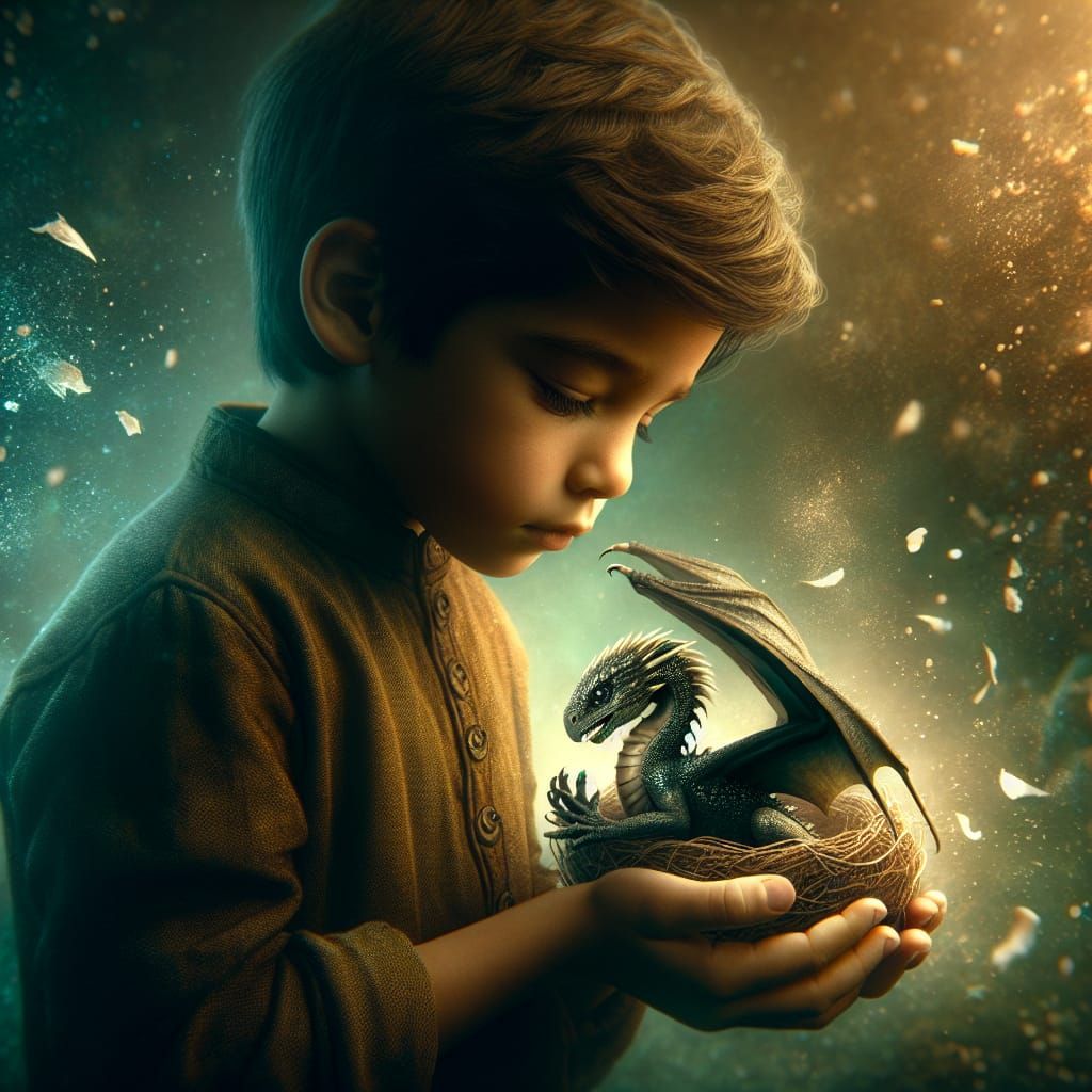 Young Boy Cradles Baby Dragon Emerging from Shell in Vibrant...