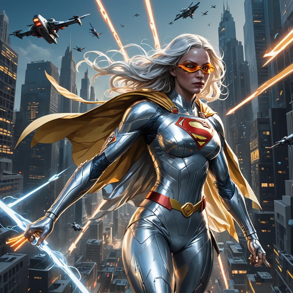 Supergirl Fights Drones: Vibrant Sci-Fi Concept Art