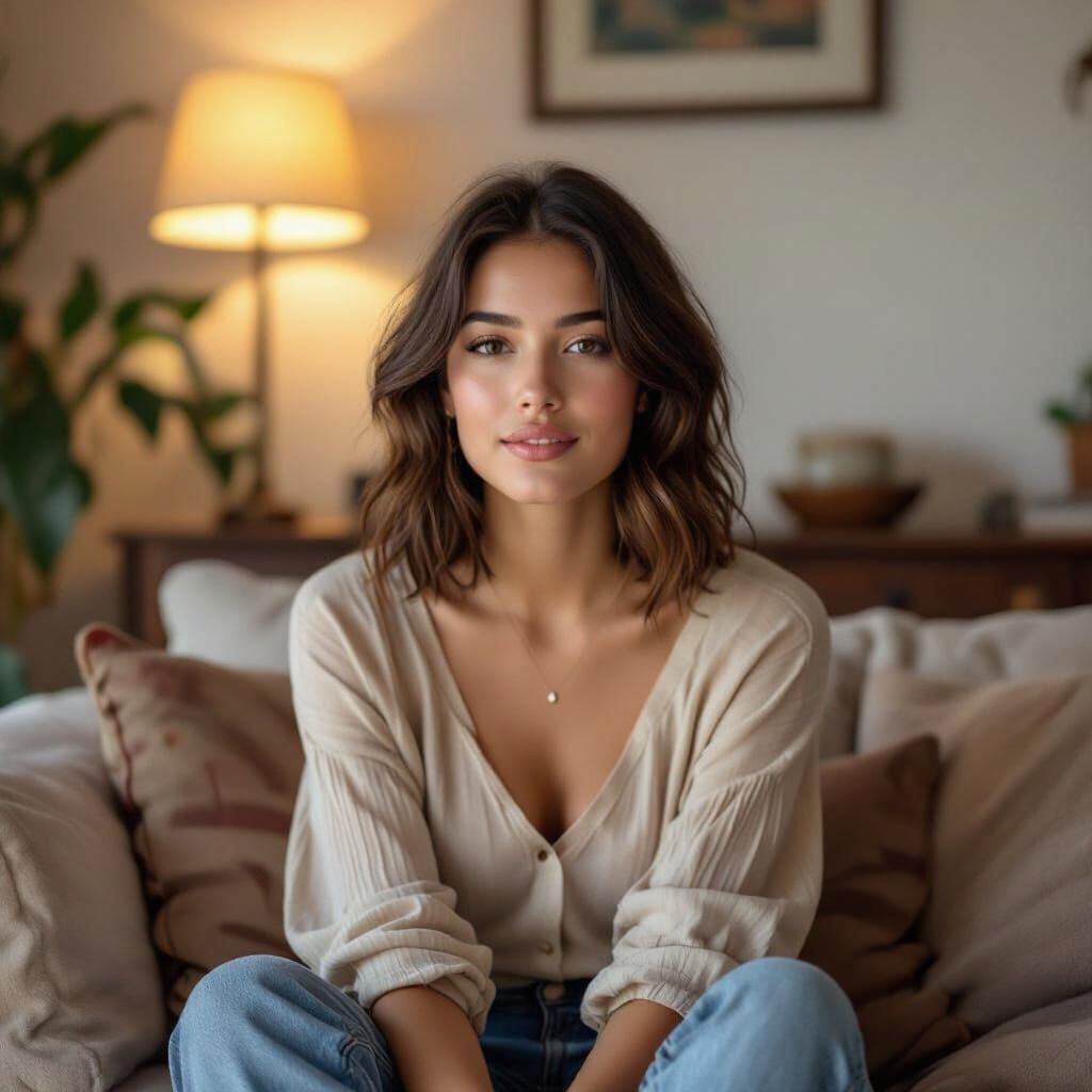 Brunette Woman in Jeans on Sofa, Photo Style