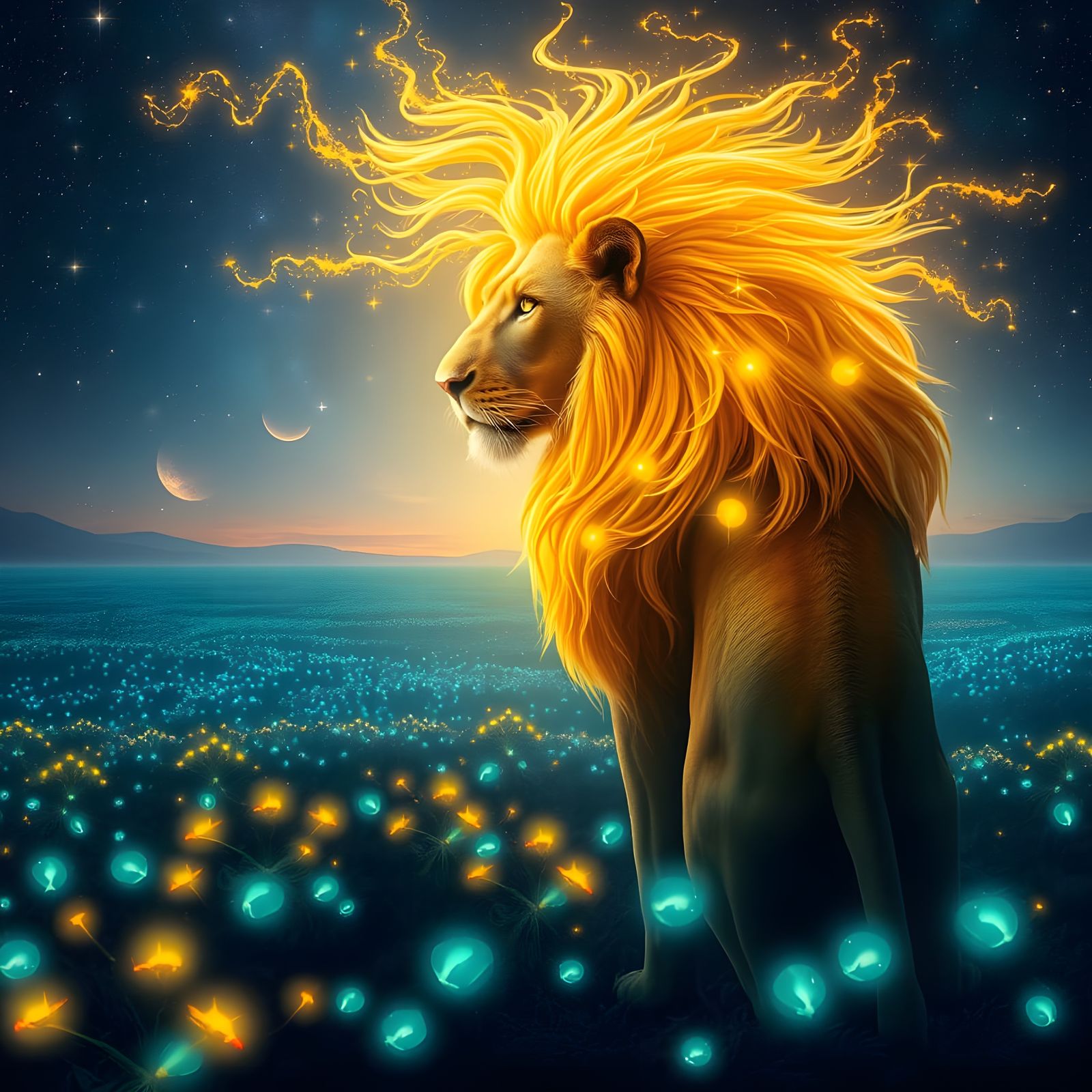 Lion with Starlight Mane and Bioluminescent Flora