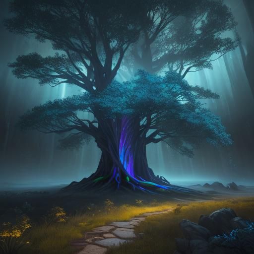 Mystical Glowing Tree in Fantasy Landscape