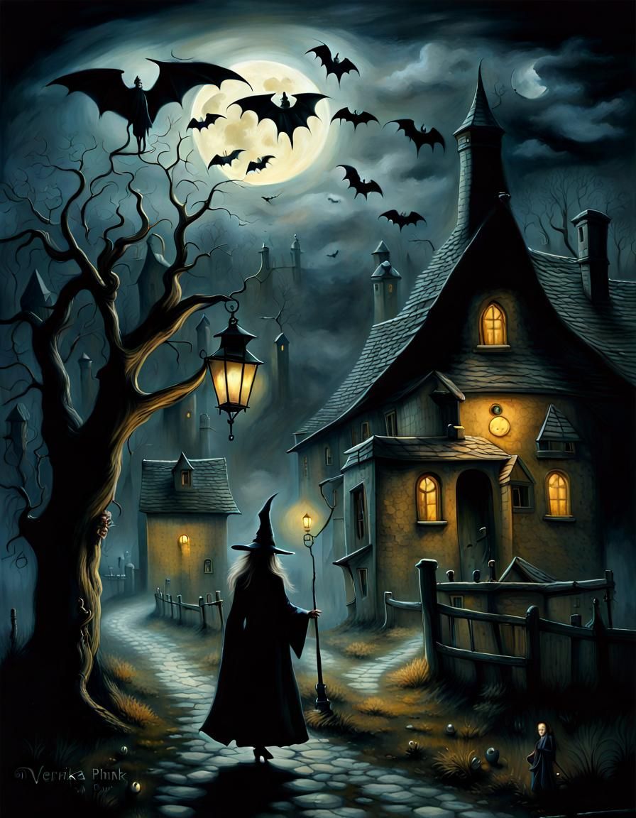 Eerie Gothic Village: Witch and Lantern Painting