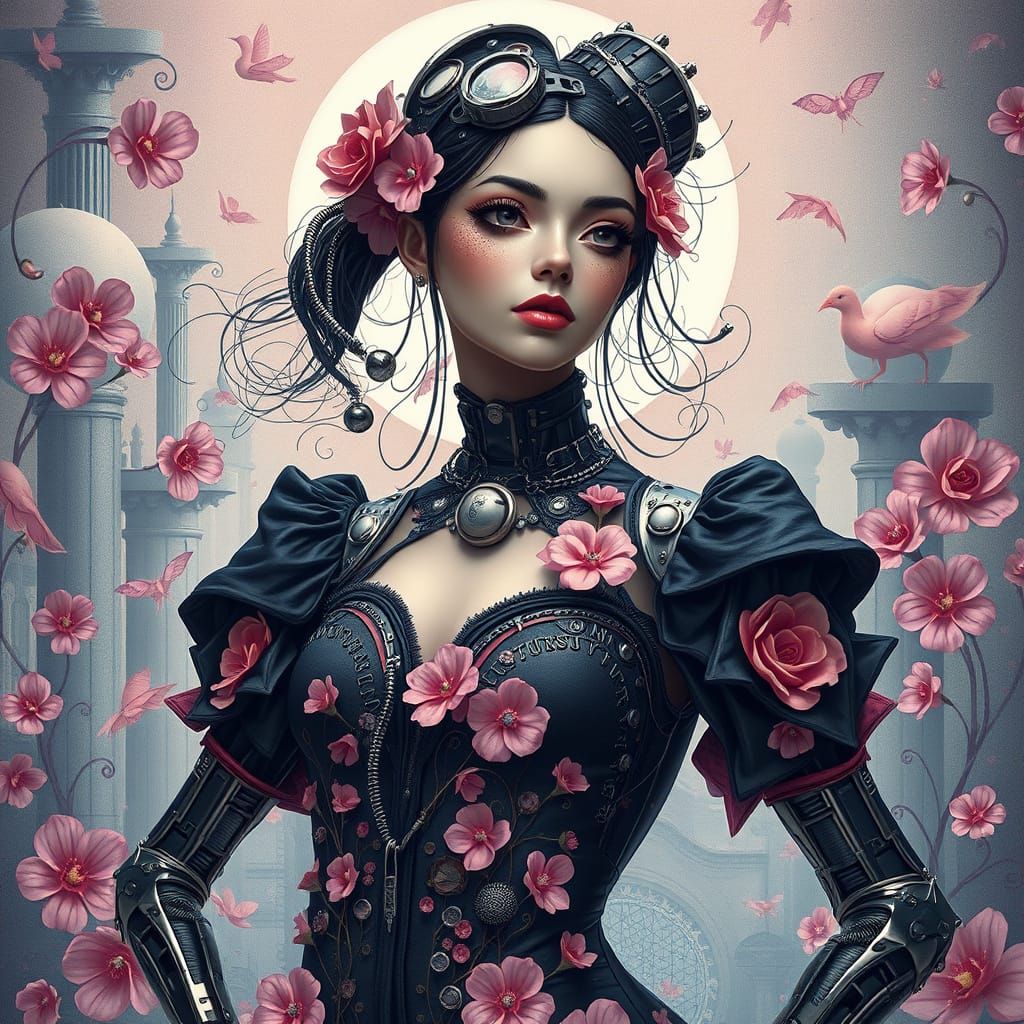 Elegant Steampunk Cyborg Lady with Floral Etchings