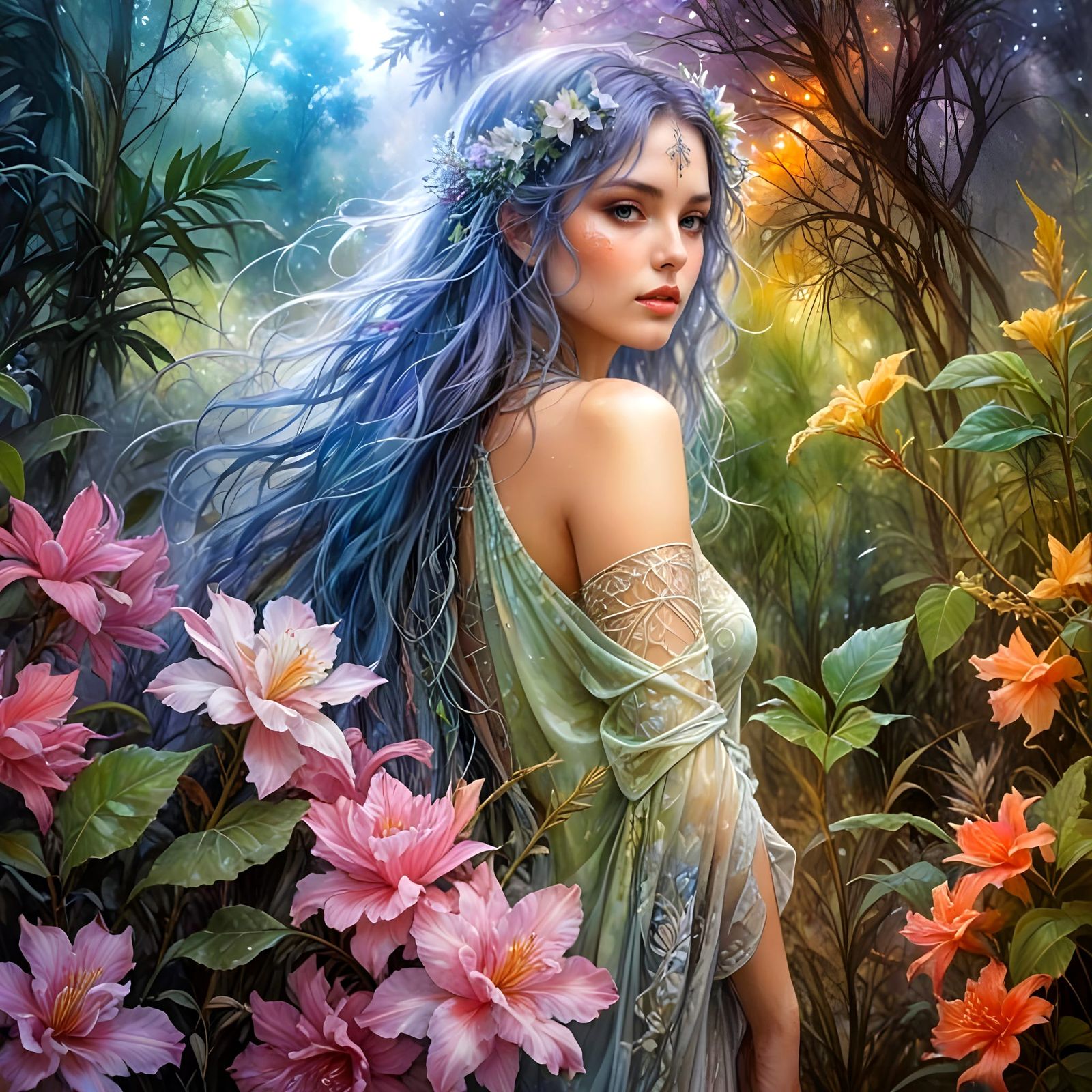 Floral Spirit in Botanical Garden, Watercolor Portrait