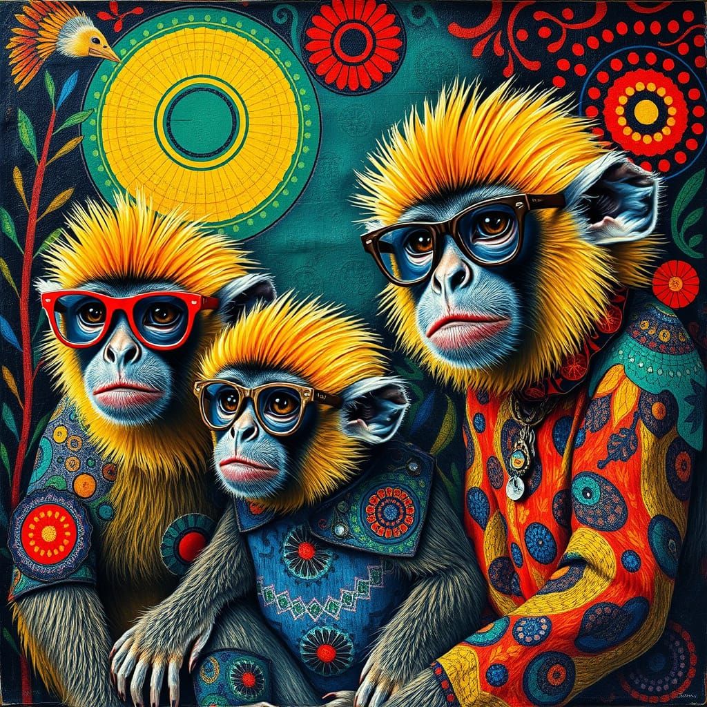 Colorful Capuchin Monkey Family in Hundertwasser Style