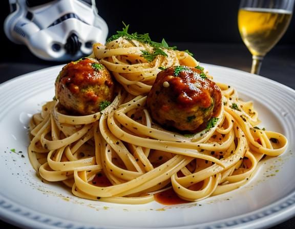 Pasta Served in Stormtrooper Helmet: Hyperrealistic Food Art