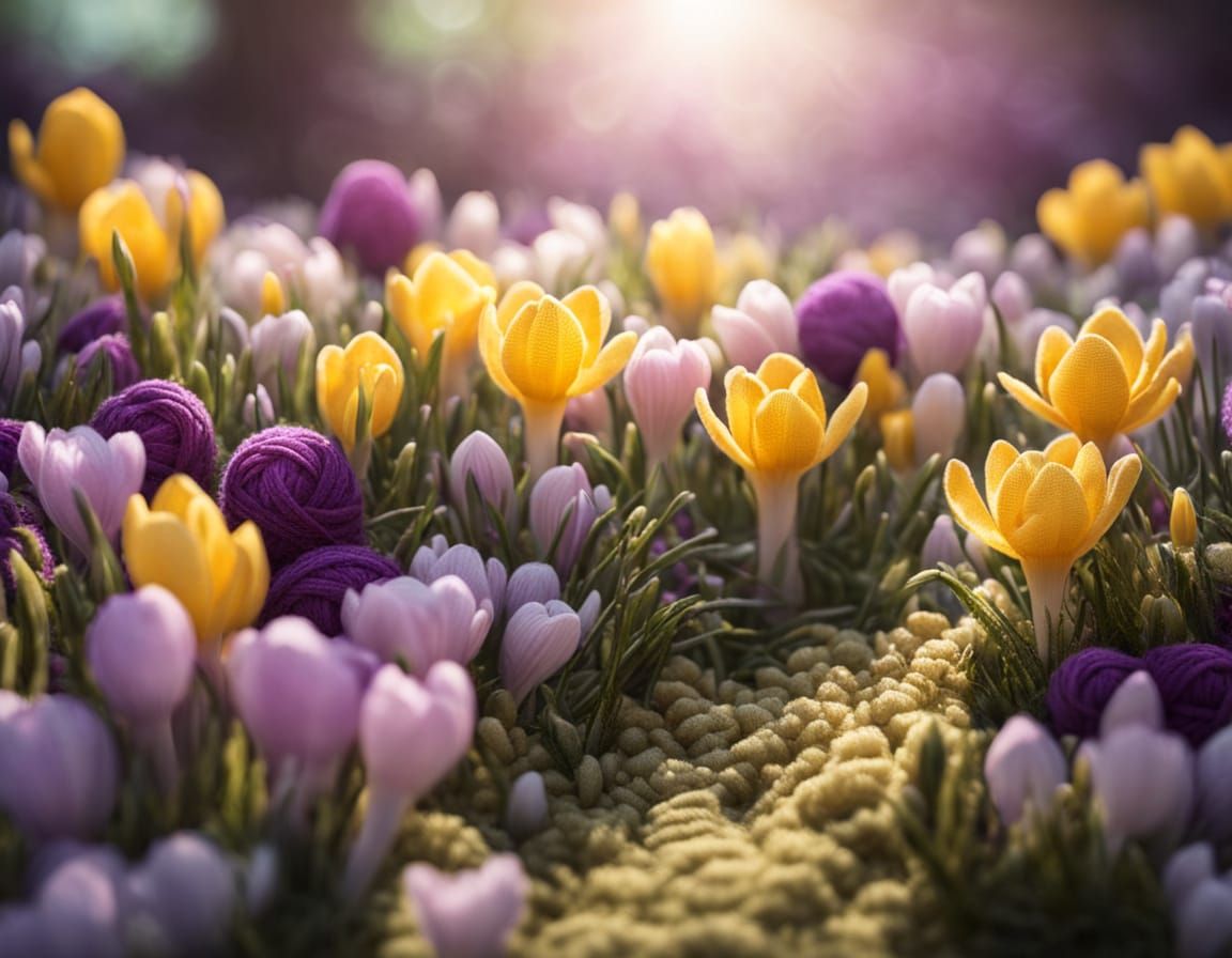 Whimsical Crochet Garden Blooms in Pale Yellow and Purple