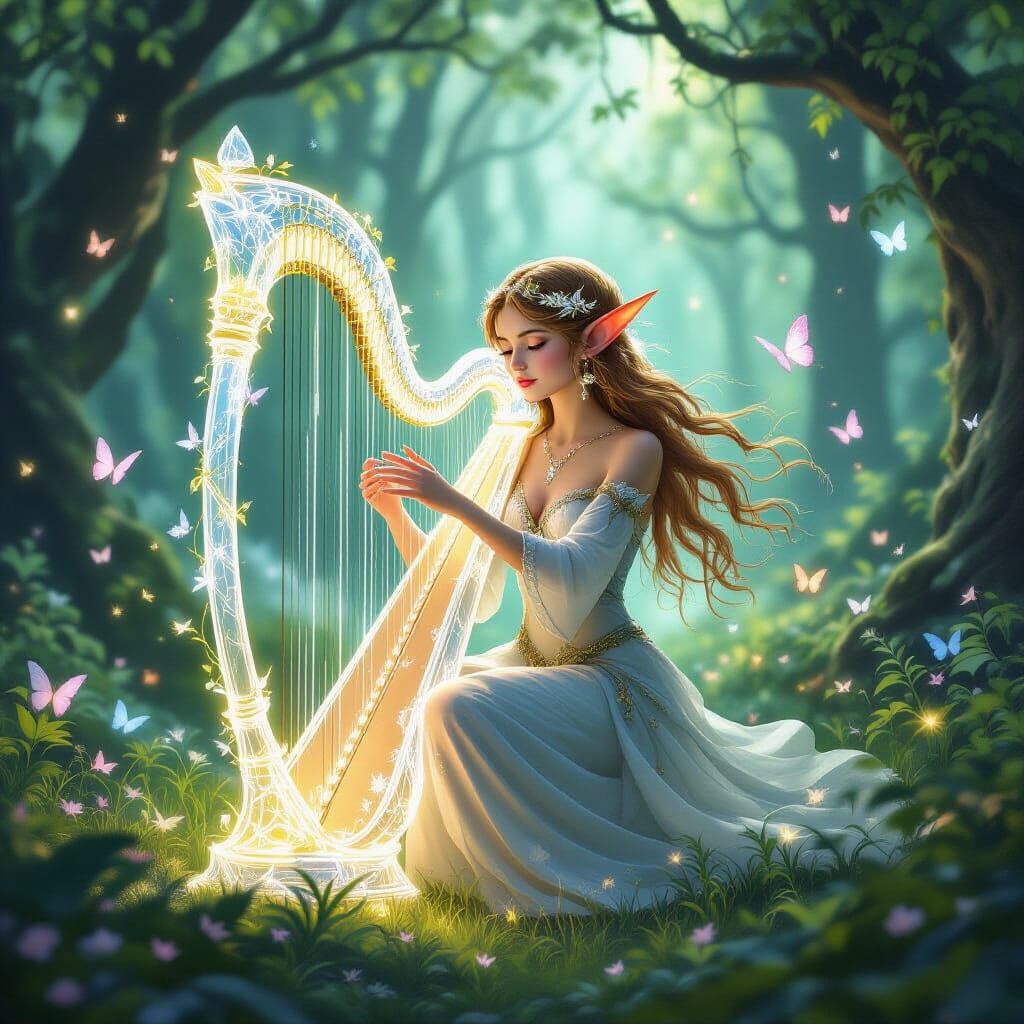 Ethereal Elf Harpist in Magical Forest