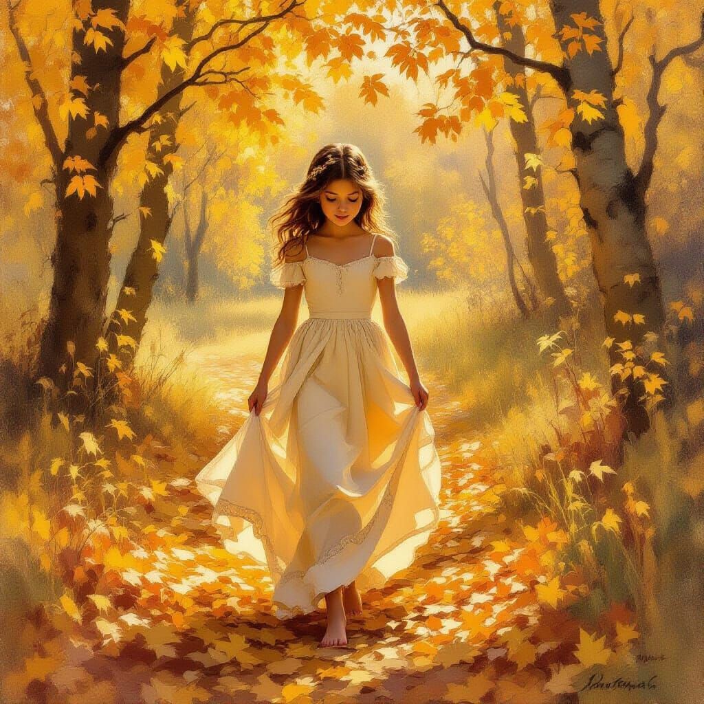 Girl in Gown Walks Barefoot Through Golden Autumn Leaves