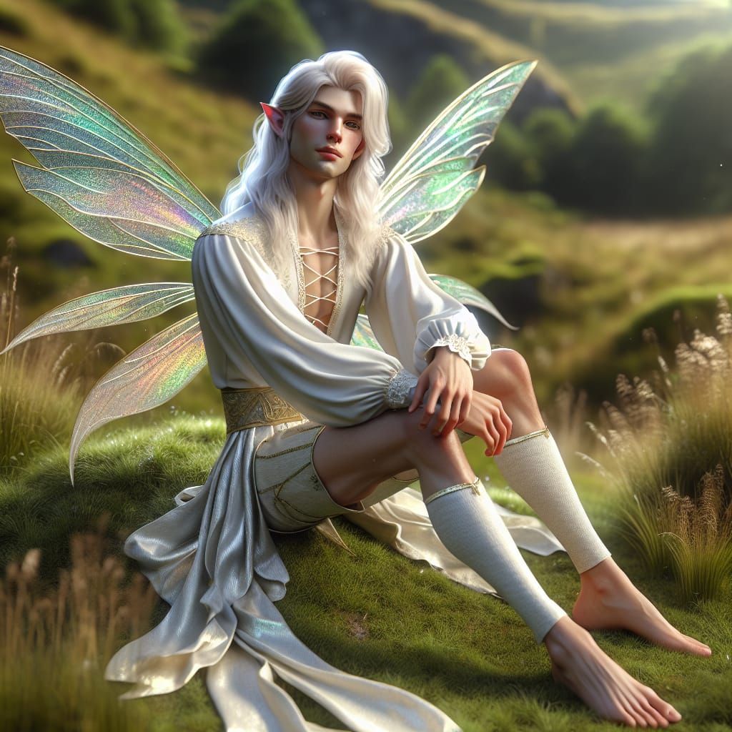 Handsome Male Fairy on Knoll in Hyperrealism