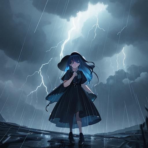 Woman Dancing in Stormy Night Sky, Digital Art