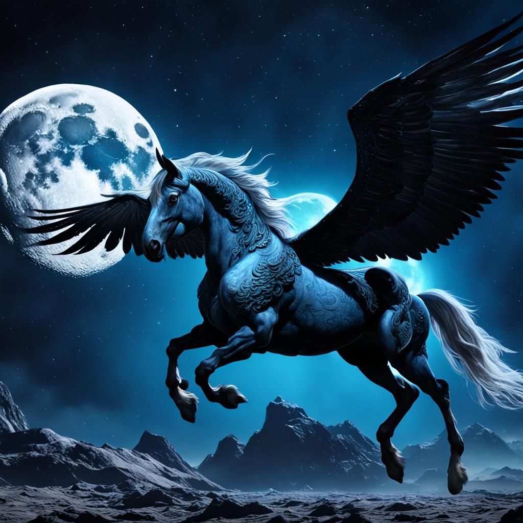 Pegasus Flies Over Moon: Fantasy Concept Art