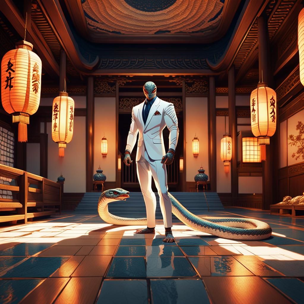 Muscular Snake in White Suit in Japanese Palace