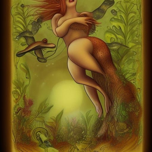 Redhead Frog-Woman's Wild Dance Under Full Moon