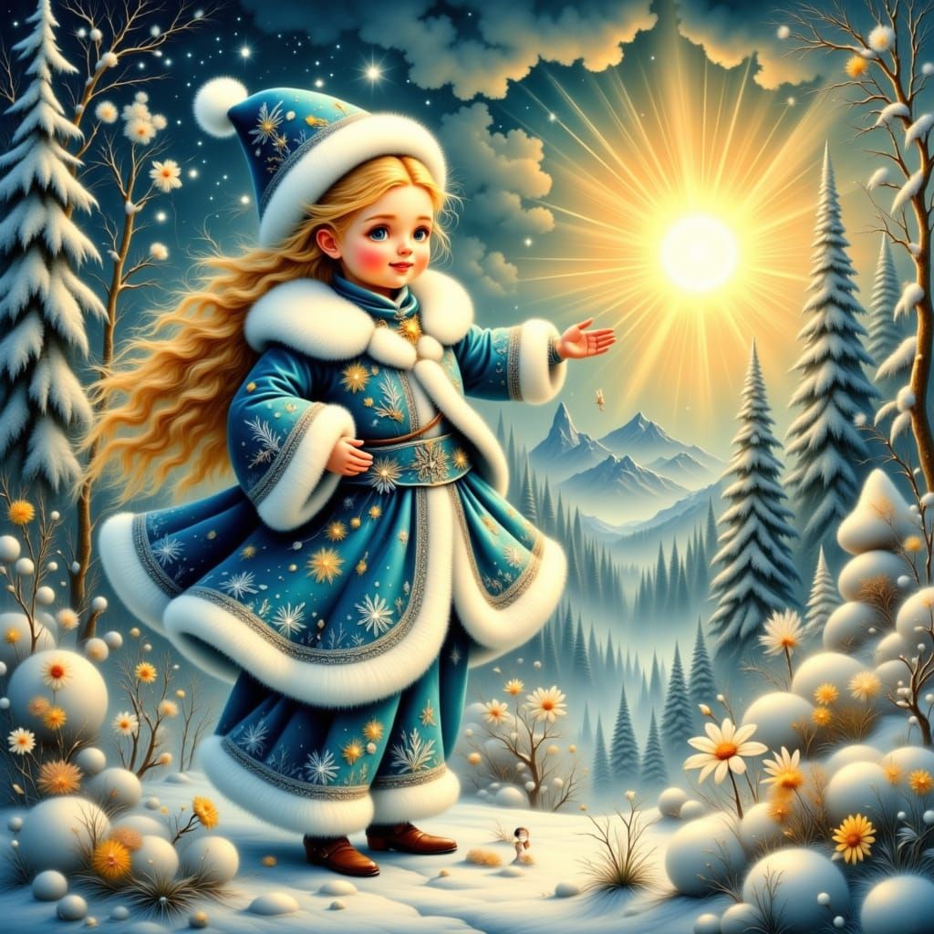 Snegurochka in Azure Coat Gazes at Sun Yarilo