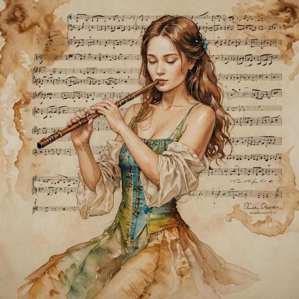 Alcohol Ink Flute Player with Music Parchment