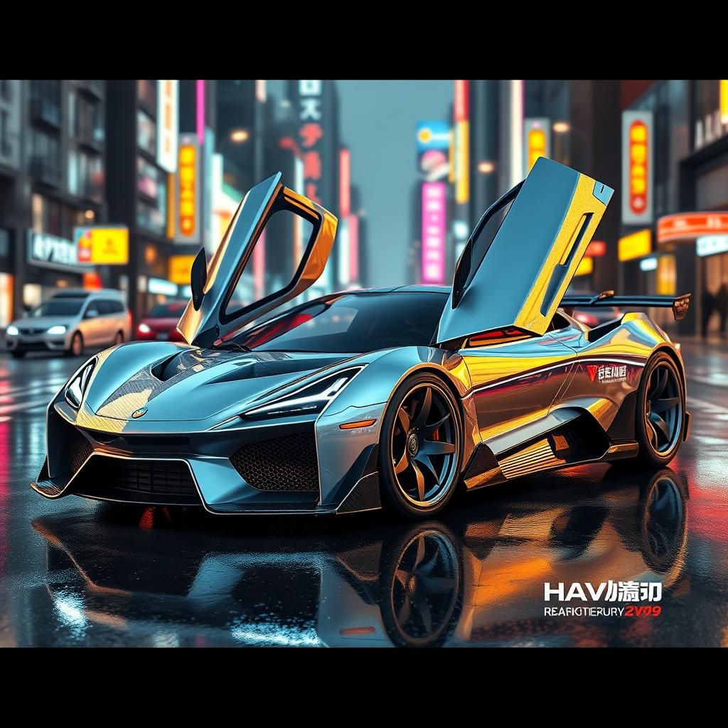 Retro-Futuristic Sports Car in Cyberpunk Cityscape