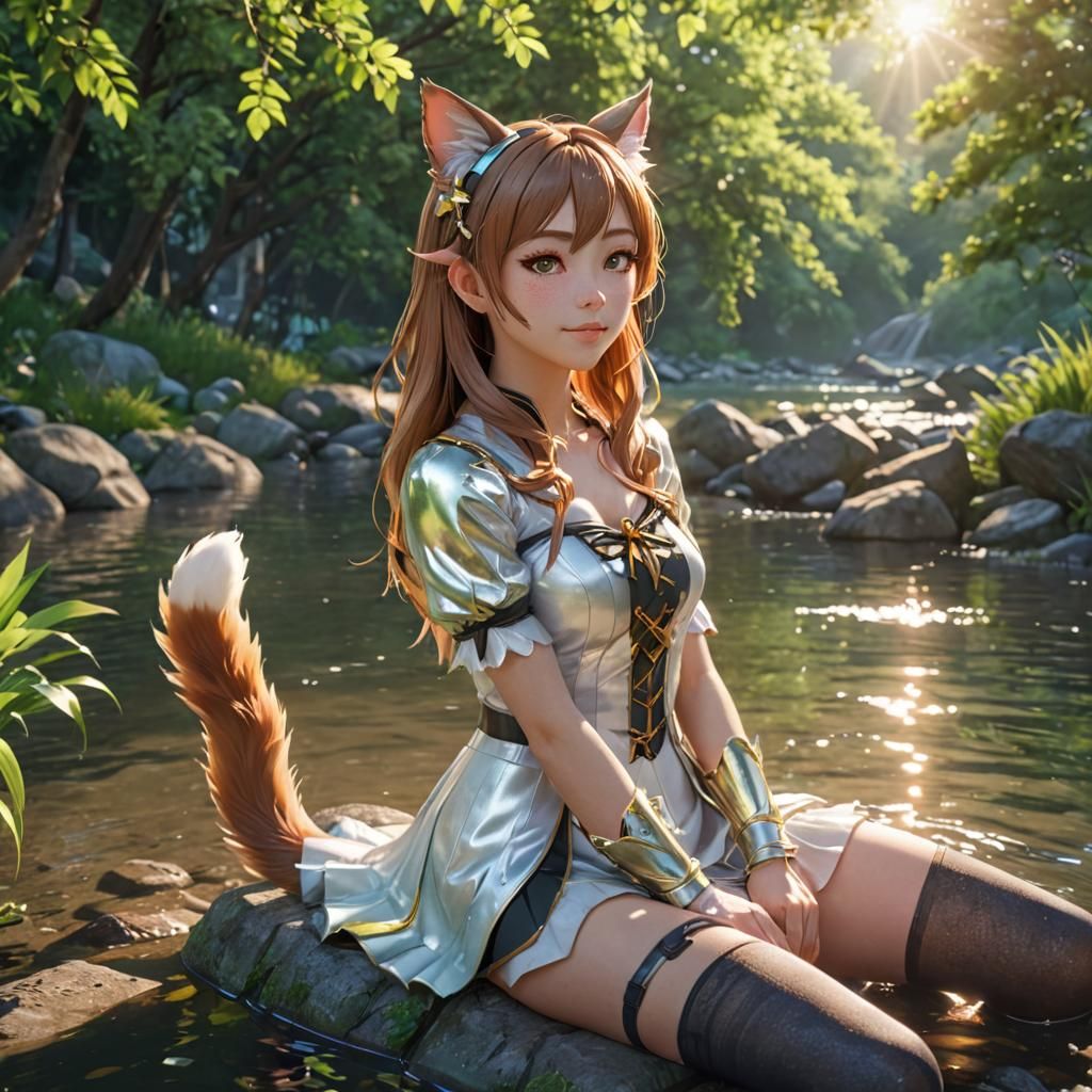 Catgirl Relaxing by River in 3D Anime Art