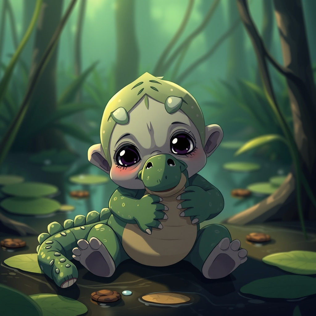 Cute Swamp Creature with Crocodile Toy, Anime Style