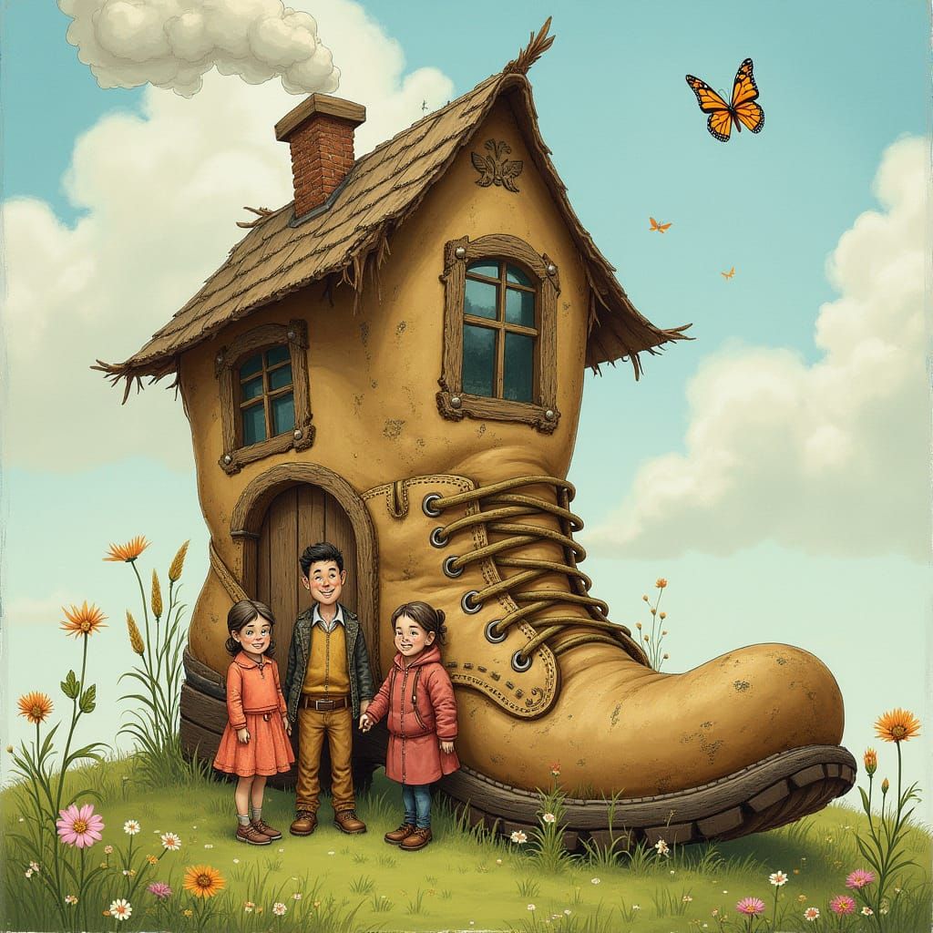 Whimsical Work Boot House with Joyful Family