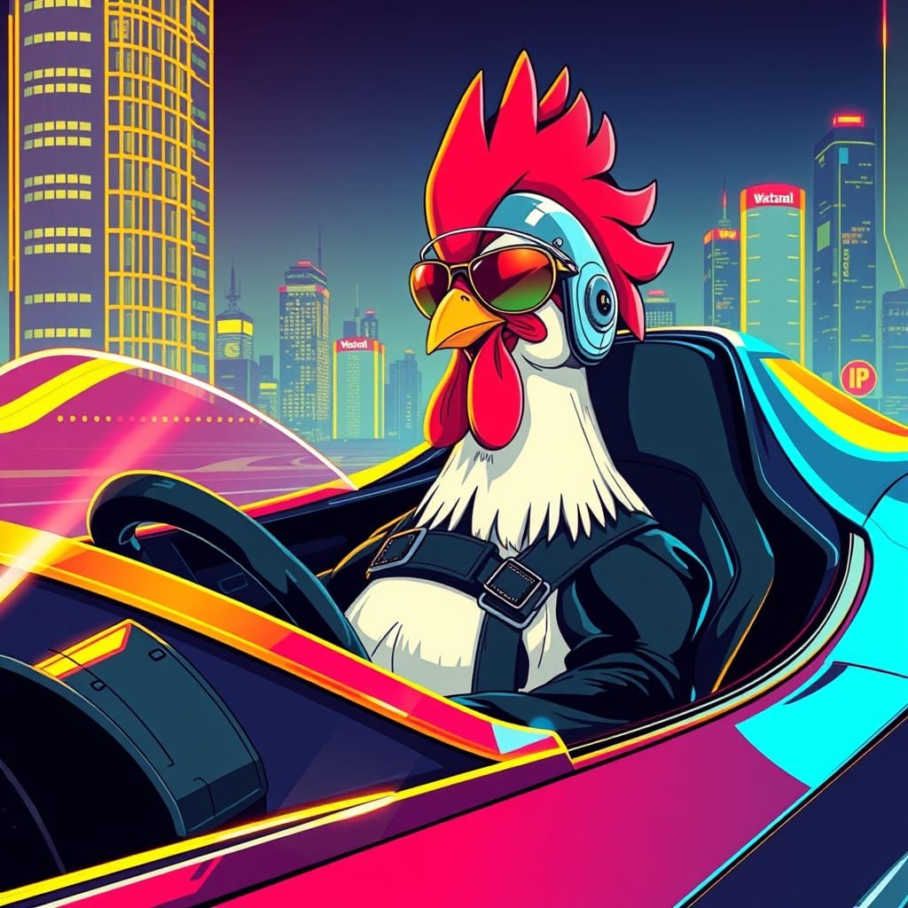 Chicken Driver in Futuristic Supercar, Syd Mead Style