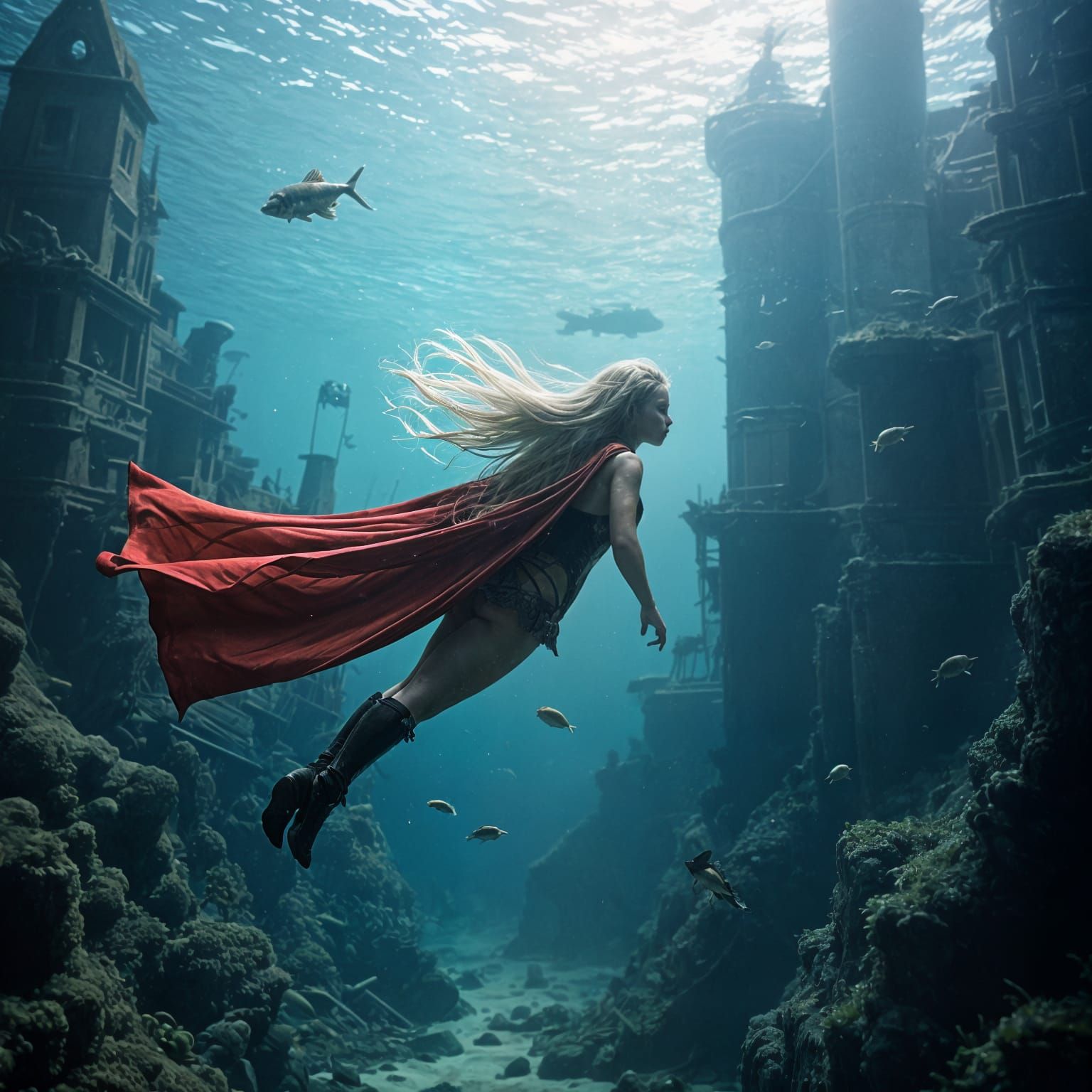 Super-Girl Explores Sunken City, Underwater Photography