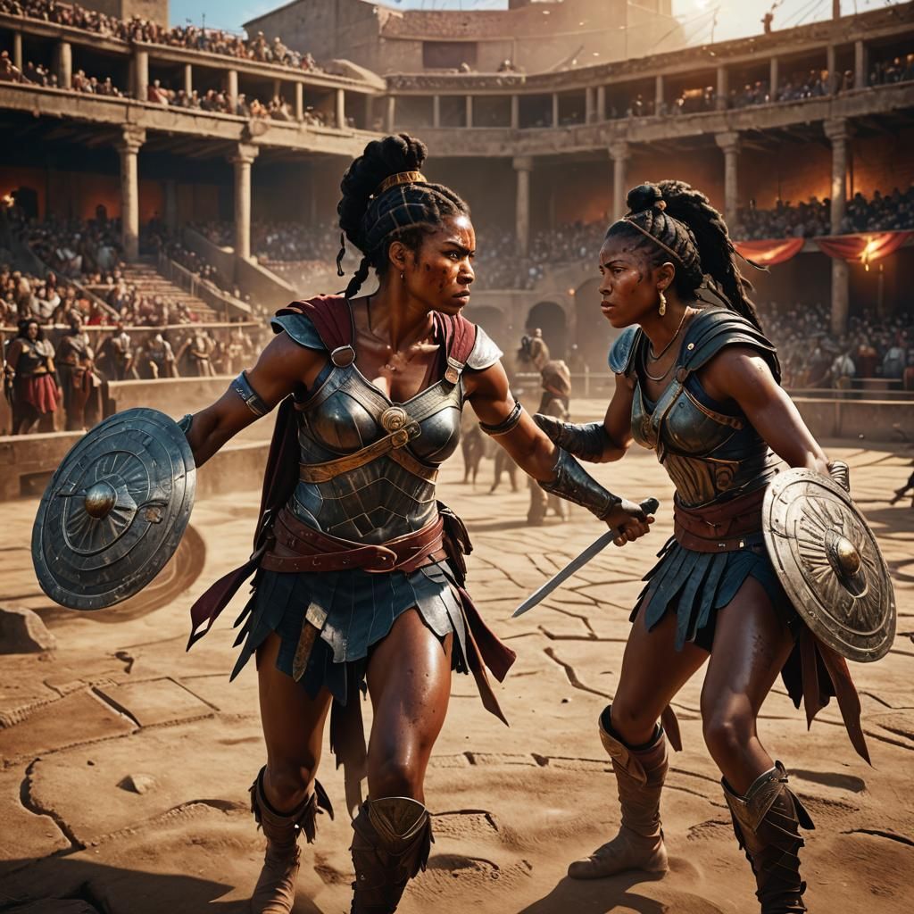 Gladiatrix Clash in Roman Arena: Hyperrealistic Splash Art