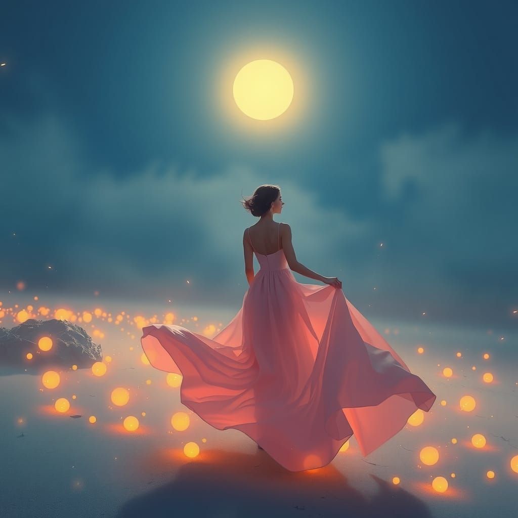 Dreamy Woman on Moonlit Beach in Ethereal Style