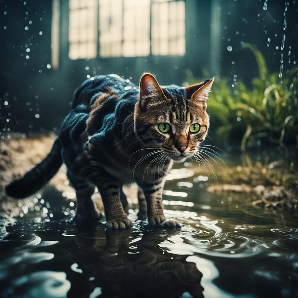 Water Cat Crouching: Cinematic Film Still