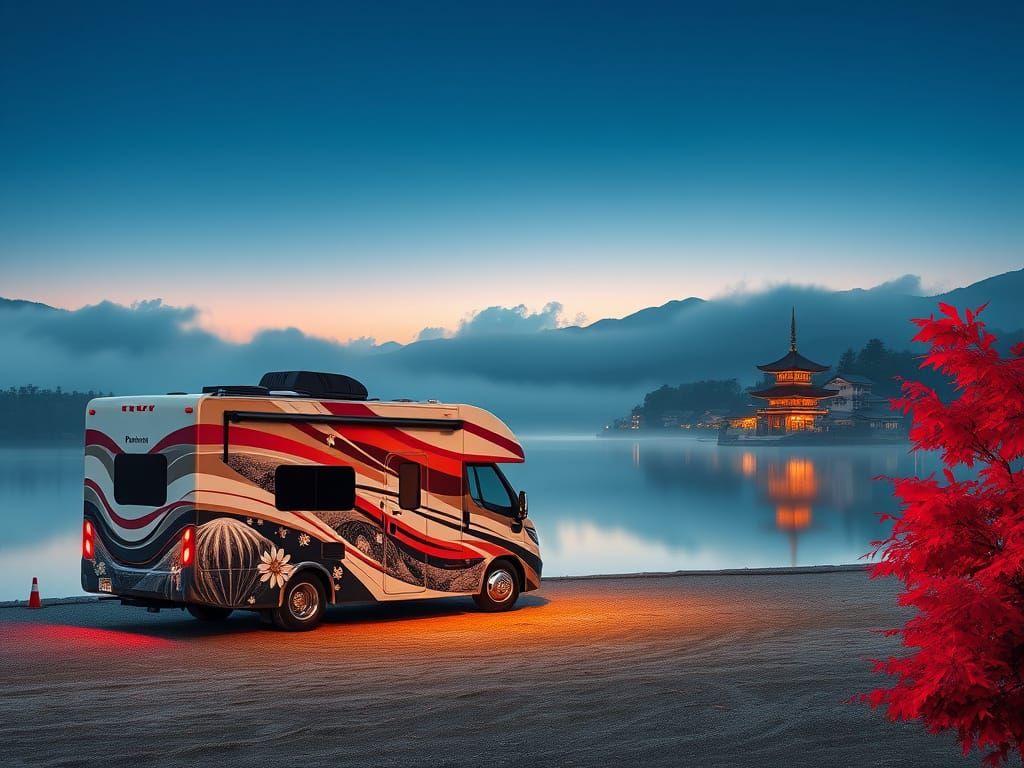 RV Mirroring Japanese Lakeside Scene at Dawn