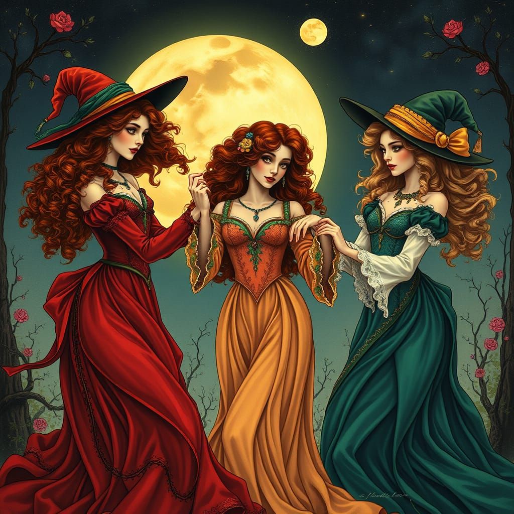 Edwardian Witches Dancing Under the Moon in Art Nouveau Styl...
