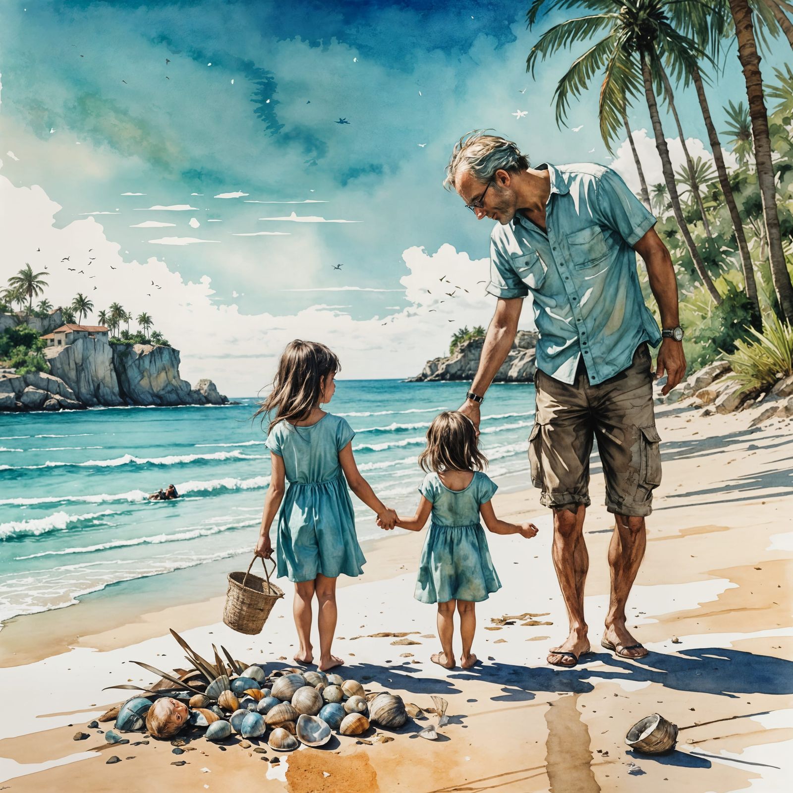 A Happy Family's Tropical Beach Adventure in Whimsical Water...