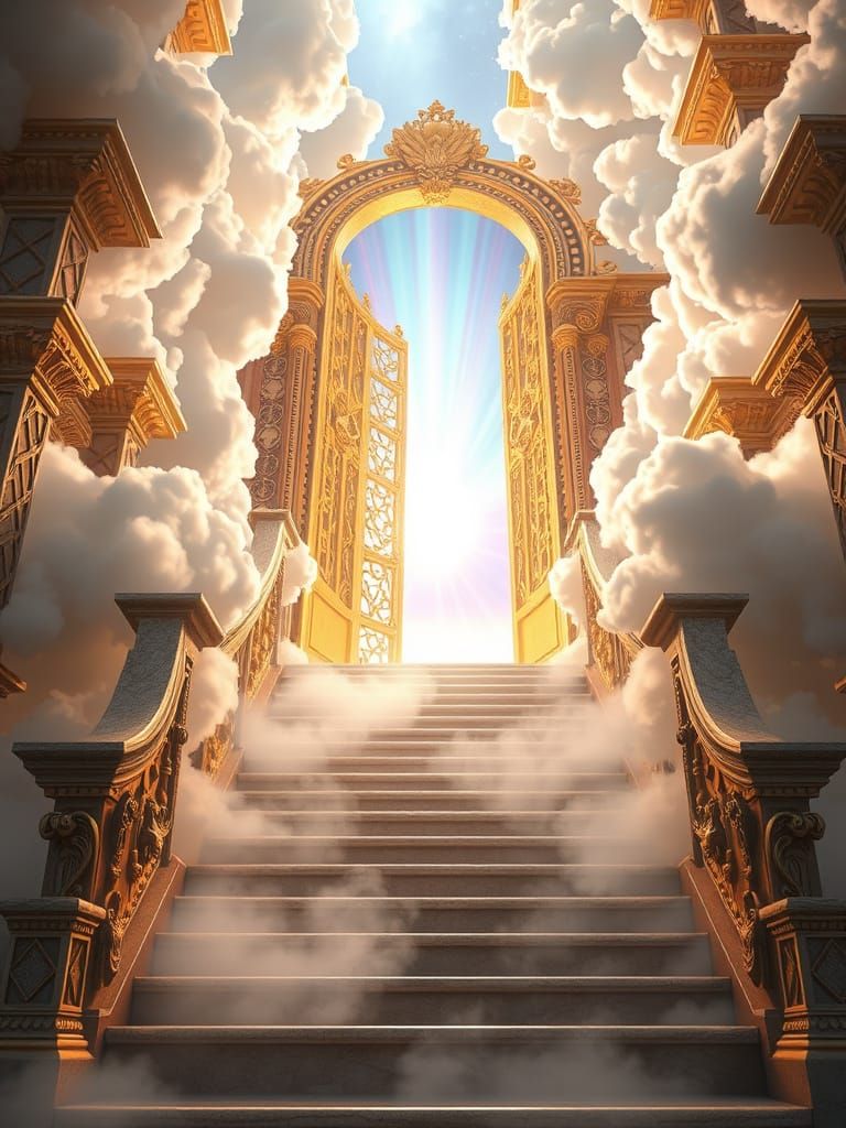 Golden Gates Open Above Cloud Staircase