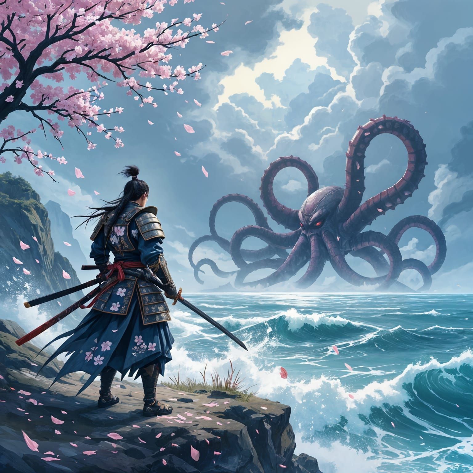 Samurai Warrior Battles Kraken on Stormy Cliff
