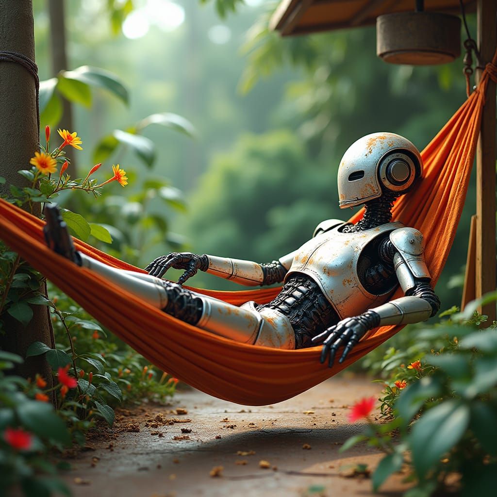 Futuristic Surinamese Robot Relaxing in Tropical Setting