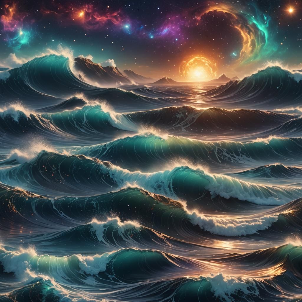 Cosmic Ocean Waves Shimmering Under Starry Skies
