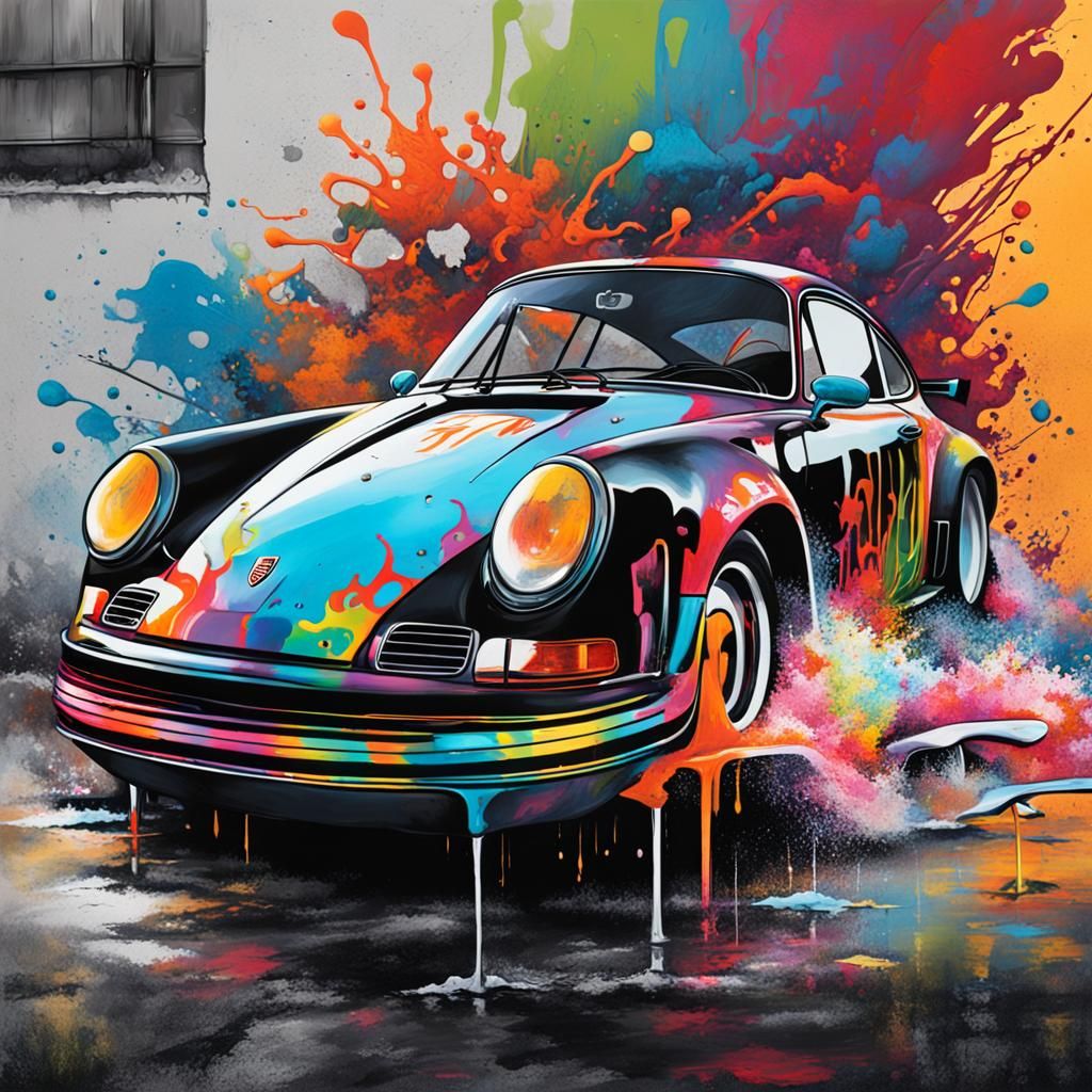 Porsche in Graffiti Art Style with Spray Paint