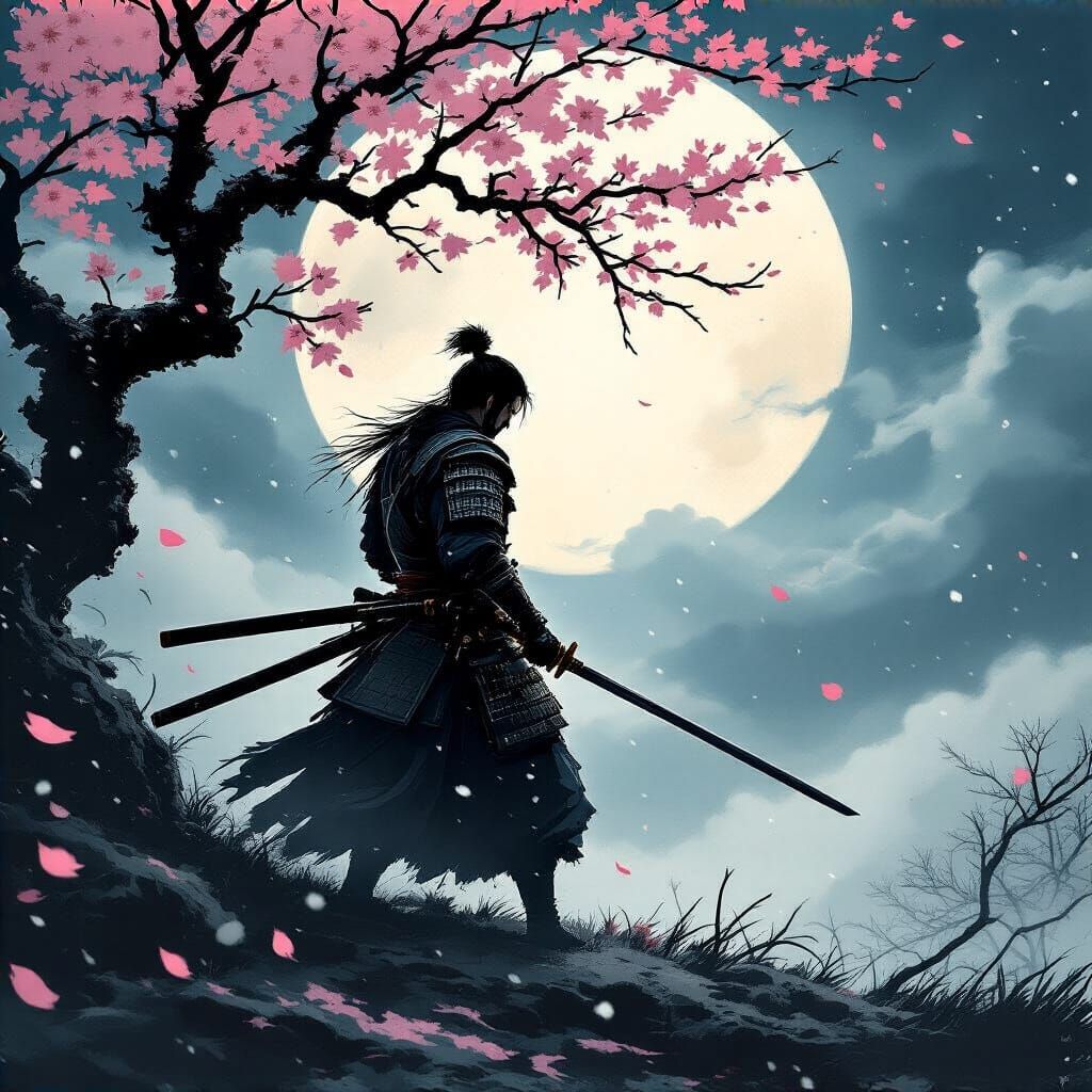 Lone Samurai Warrior in Stormy Moonlight Ukiyo-e Illustratio...