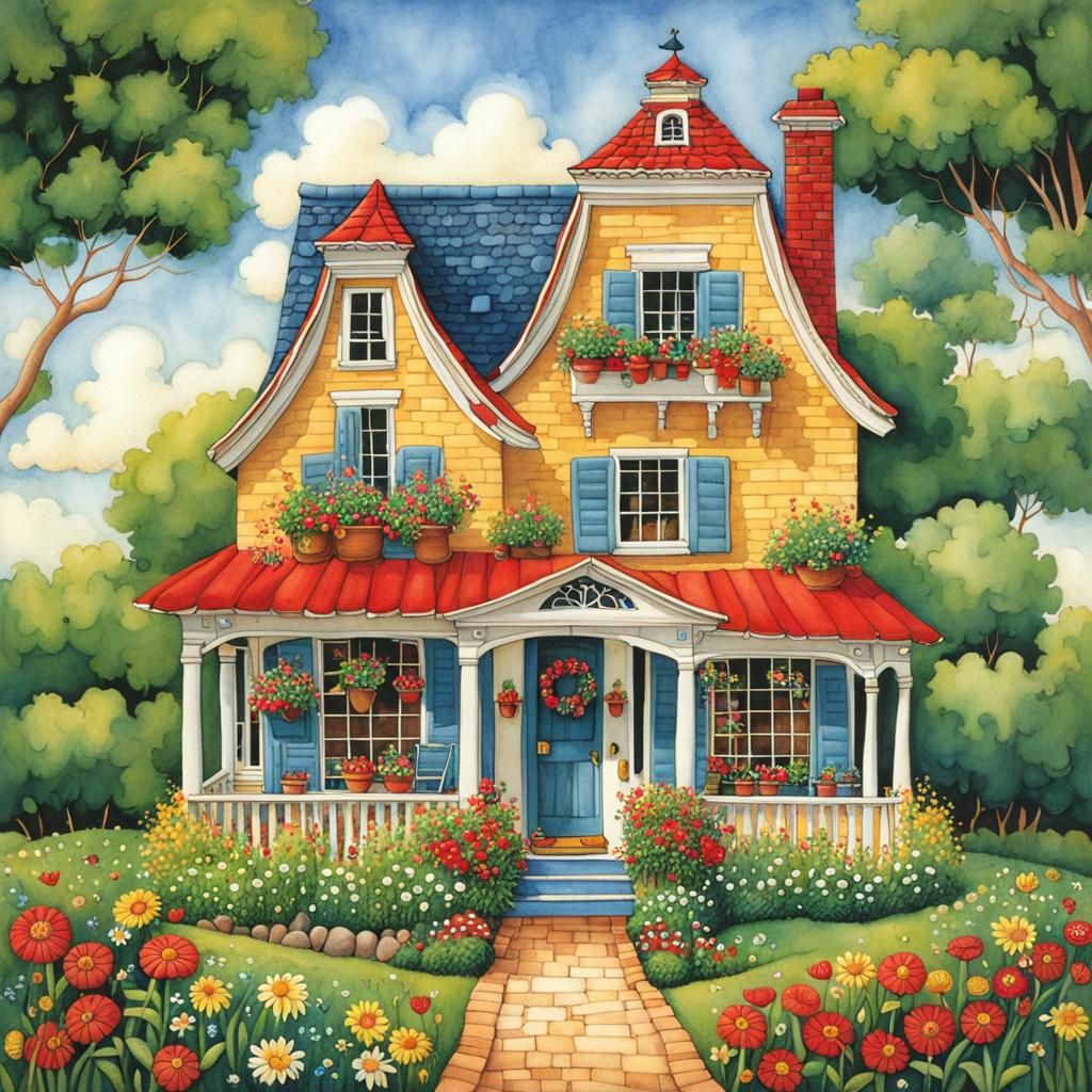 Whimsical House Illustration in Engelbreit Style