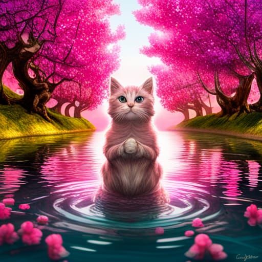 Mermaid Kitten in Pink Pond with Sakura Tree