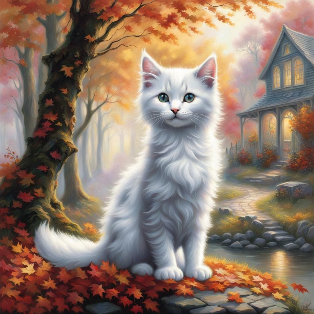 Black and White Kitten in Autumn Fantasy Landscape