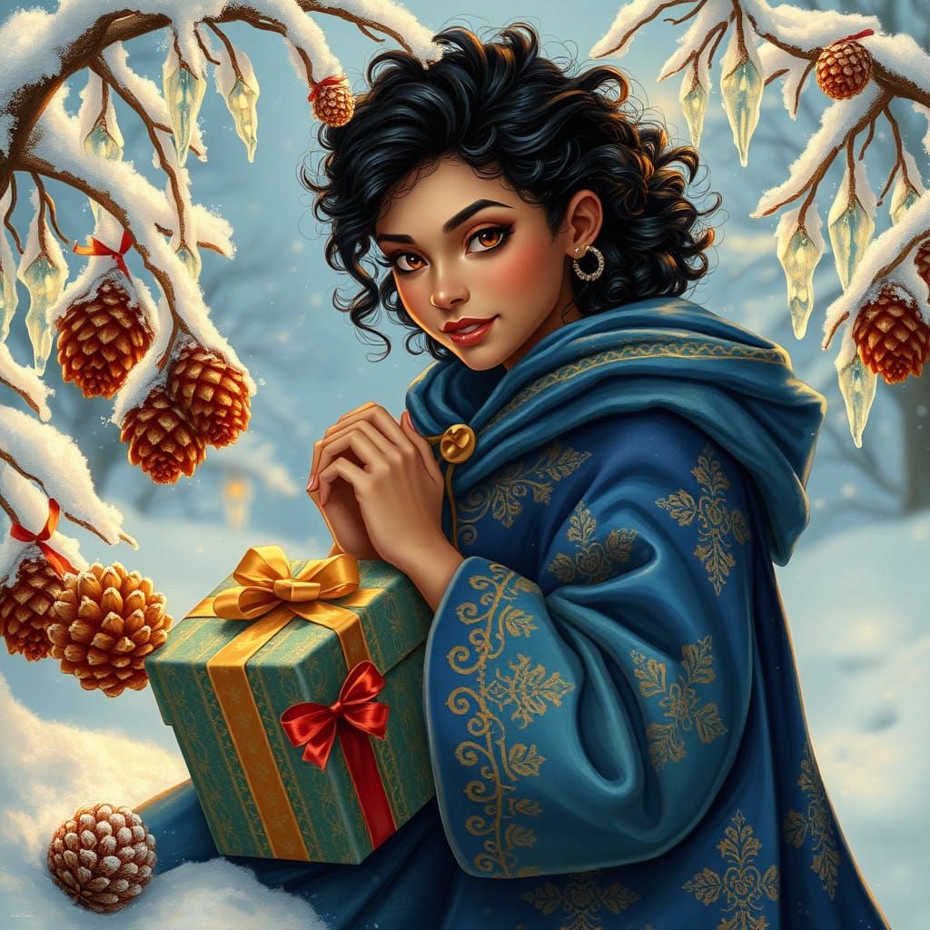 Whimsical Latina Woman Delights in Winter Wonderland