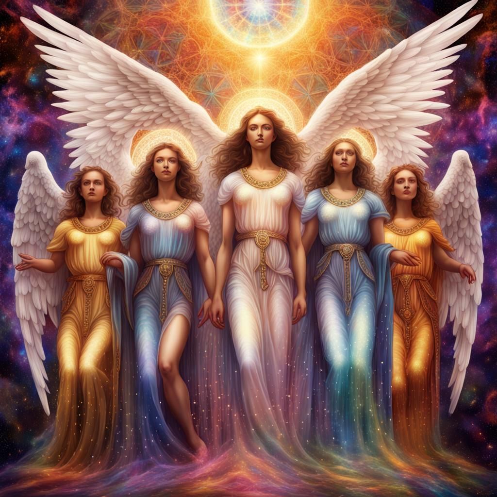 Angels and Saints in Holographic Astral Illustration