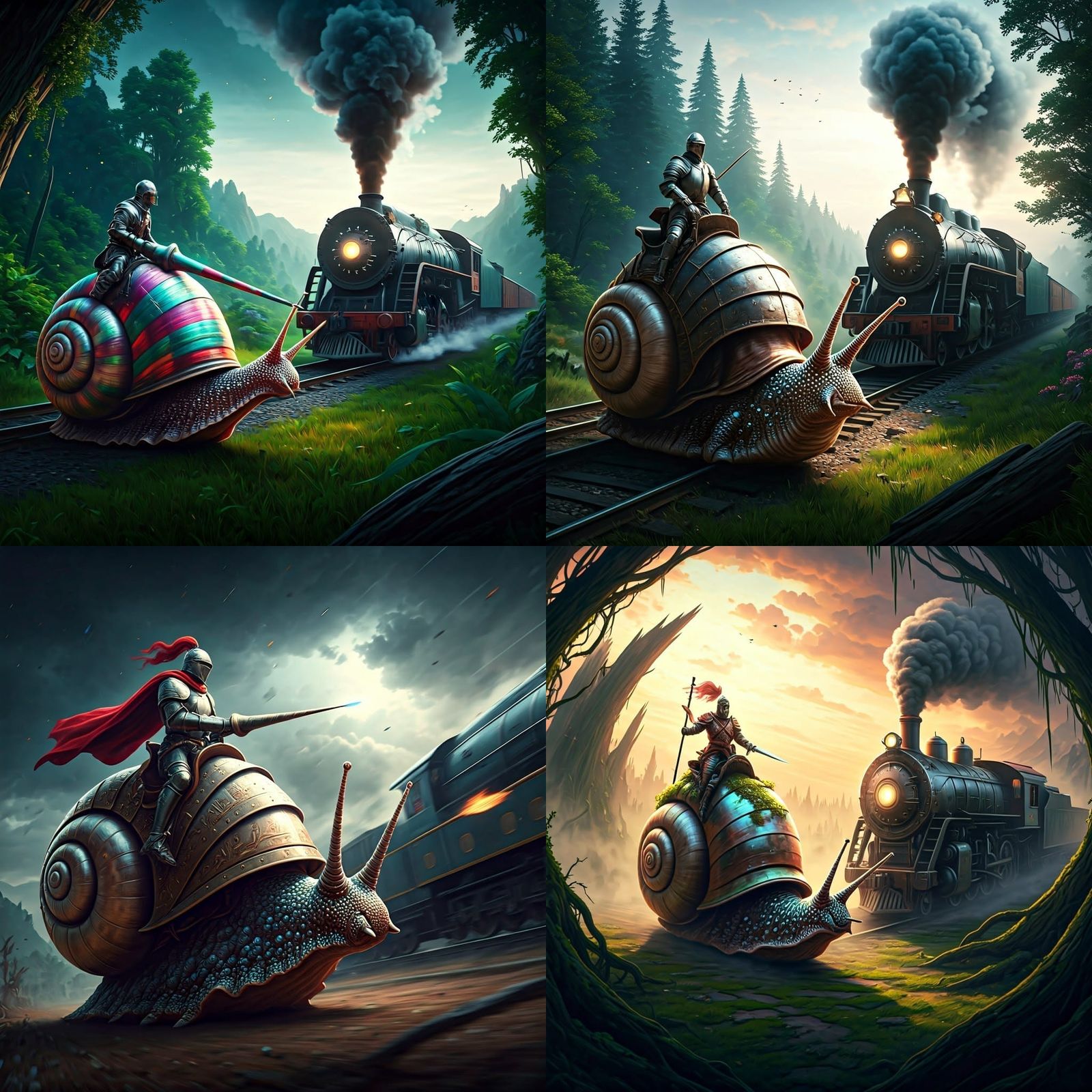 Medieval Knight Snail Jousting Against a Train