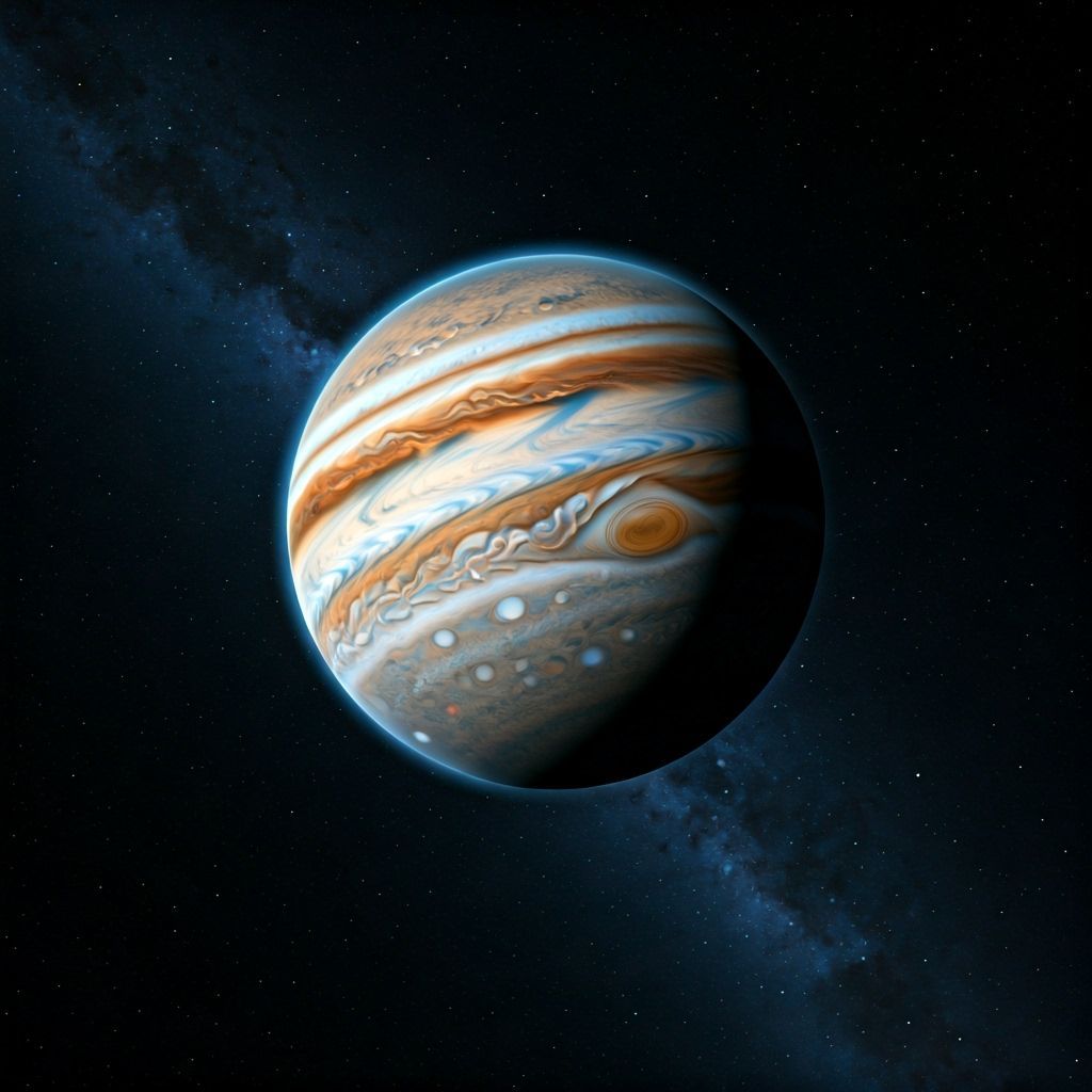 Hyperrealistic Jupiter From Space with Evocative Sky